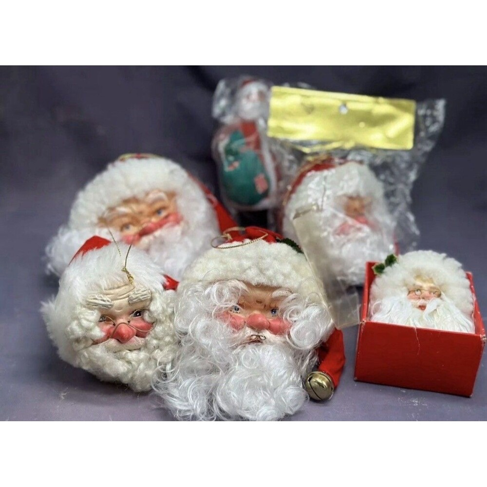 Santa Head Christmas Ornaments Hard Plastic & Ceramic Lot Of 6